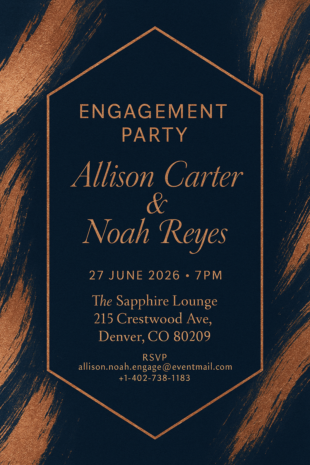 Full-bleed portrait engagement invitation — Allison & Noah, navy and rose-gold modern geometric theme with elegant brush accents.