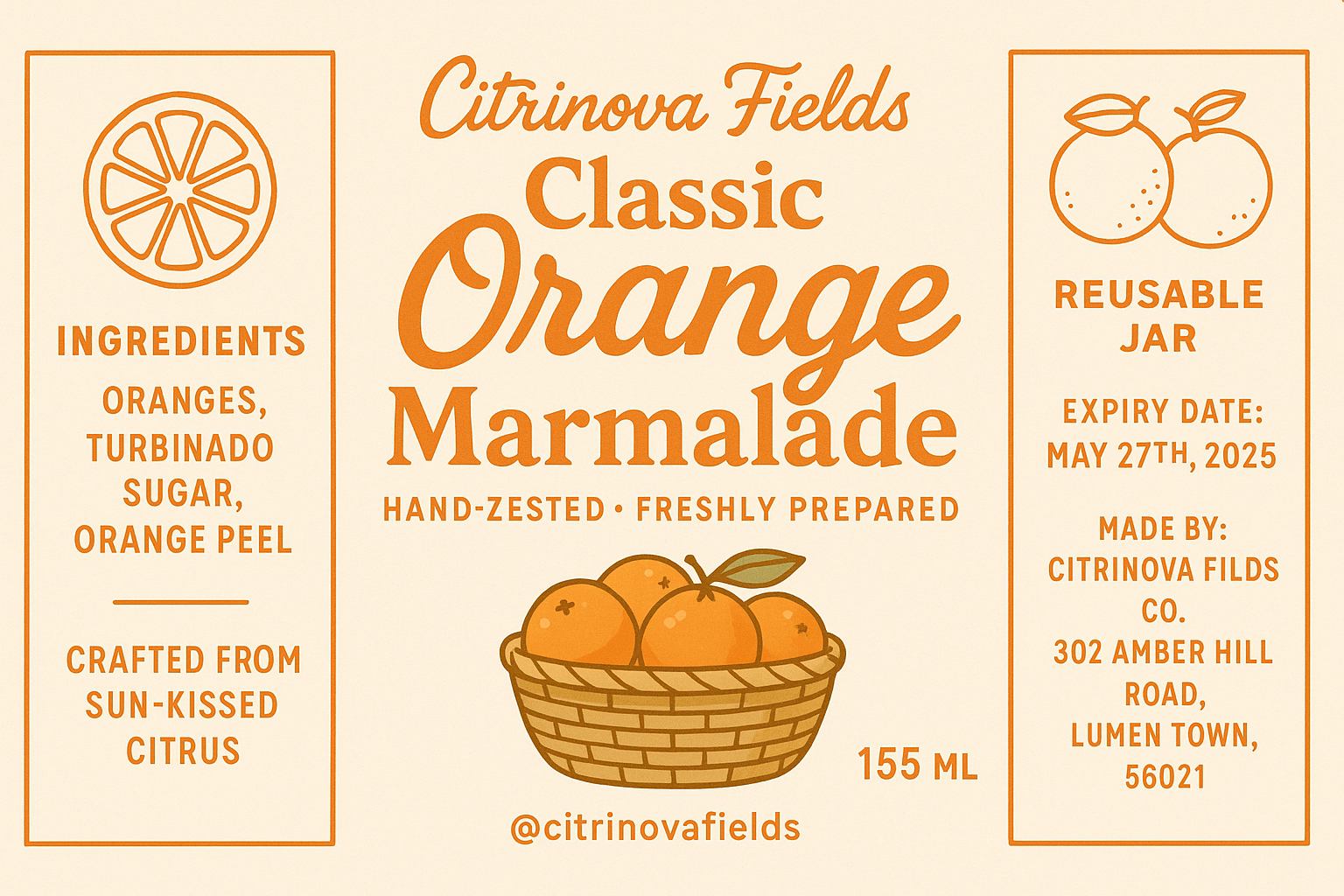 Full-bleed 16:9 orange marmalade label — bright citrus color palette, Citrinova Fields brand, clean artisan design.