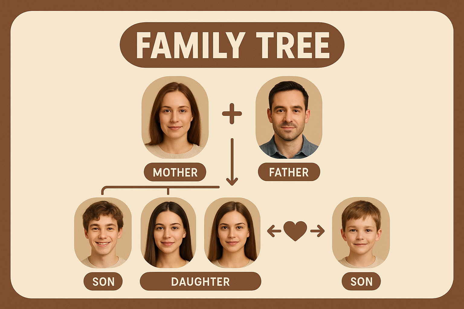 Retro flat family tree — brown cream palette, oval badge, minimal infographic with icons.