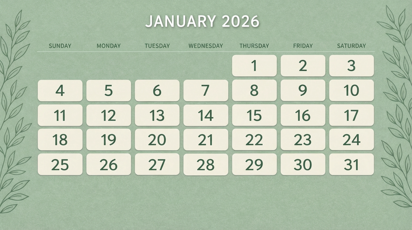 January 2026 landscape calendar — sage green botanical theme, soft paper texture, clean minimalist layout.
