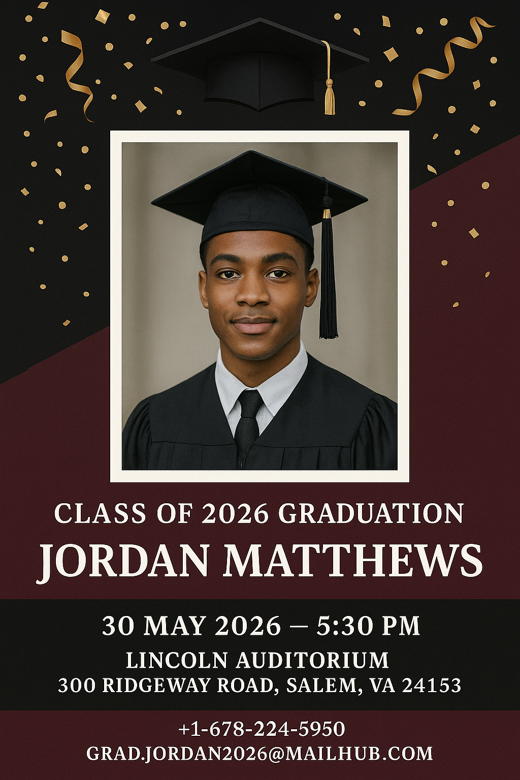 Full-bleed portrait graduation invitation — Jordan Matthews, maroon and black academic design with confetti and cap illustration.
