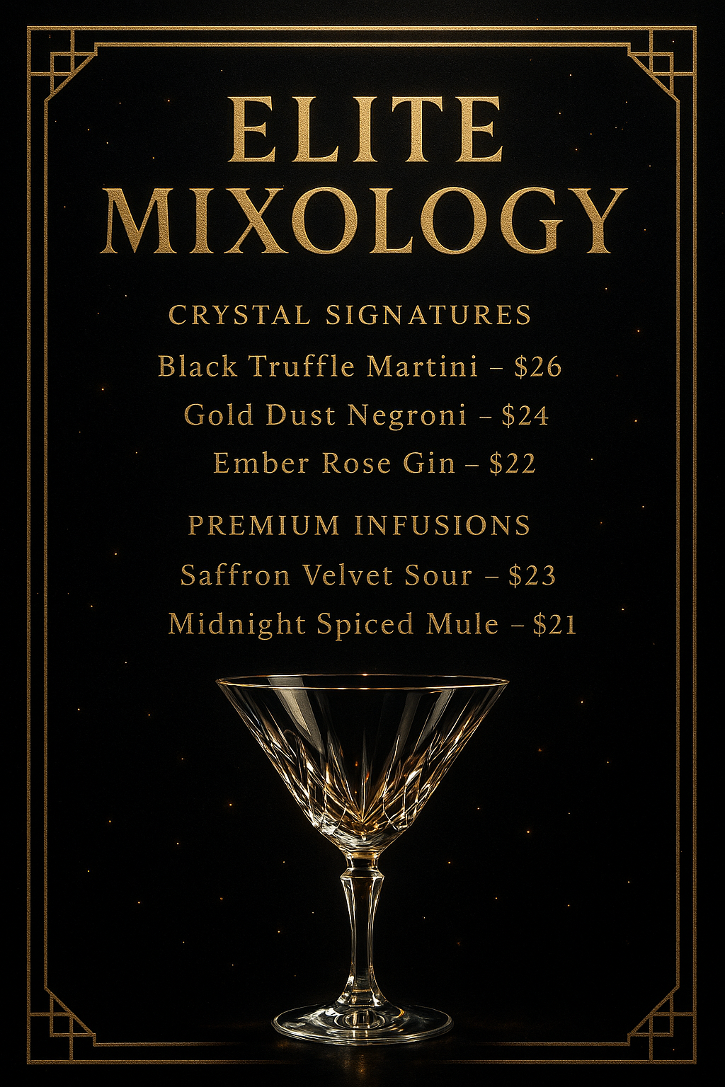 Full-bleed portrait luxury cocktail menu — Elite Mixology, obsidian and gold theme with crystal glass and metallic typography.