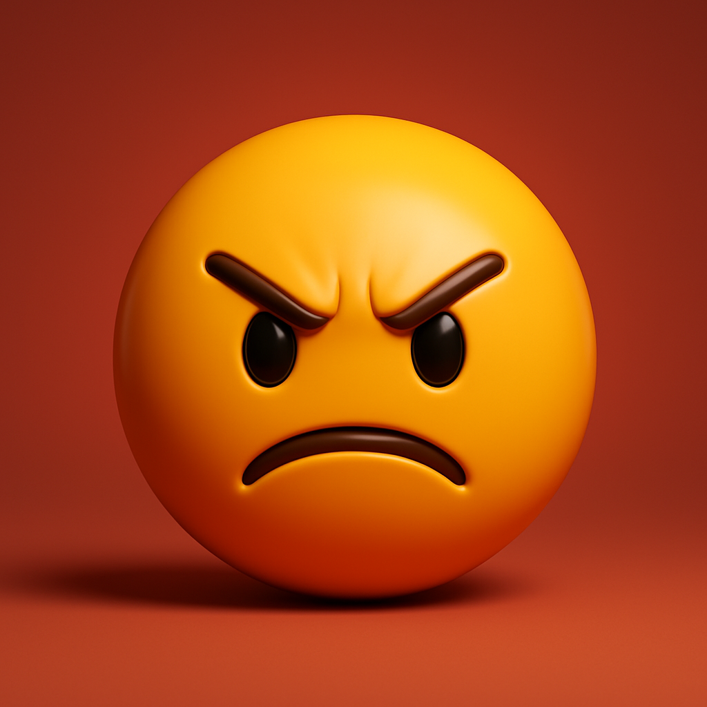 3D angry emoticon — furrowed brows, red pastel background, glossy 3D clean render.