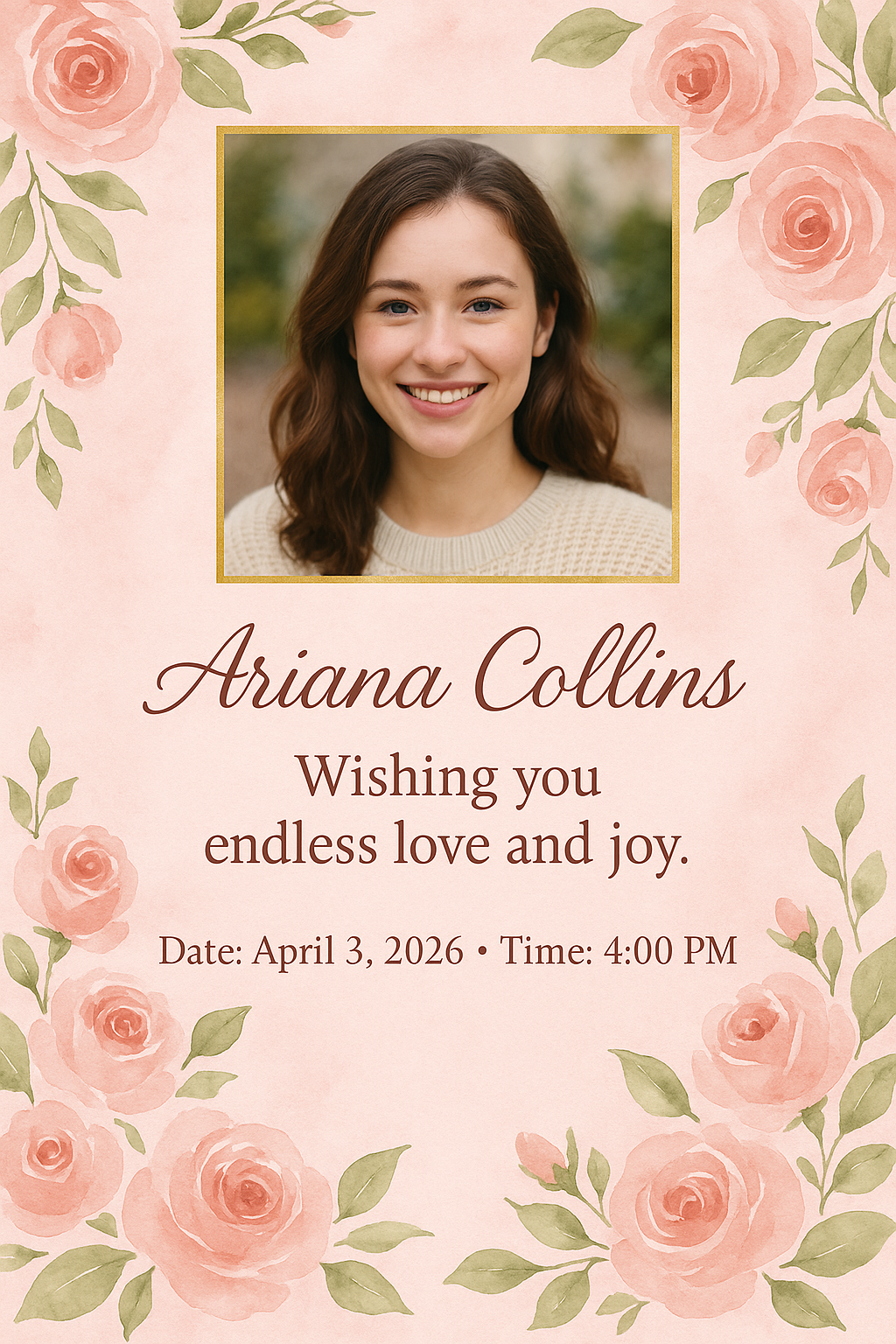 Full-bleed portrait birthday card — soft pink watercolor, floral roses, gold photo frame, elegant feminine style.