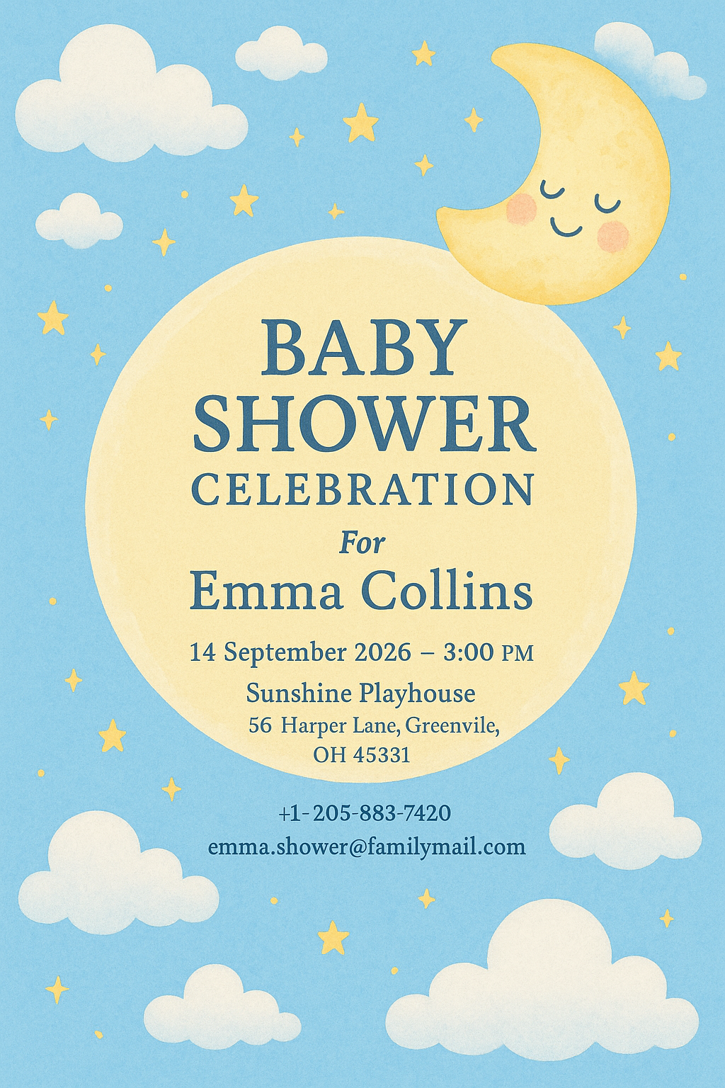 Full-bleed portrait baby shower invitation — Emma Collins, pastel sky-blue and yellow theme with clouds and moon illustration.