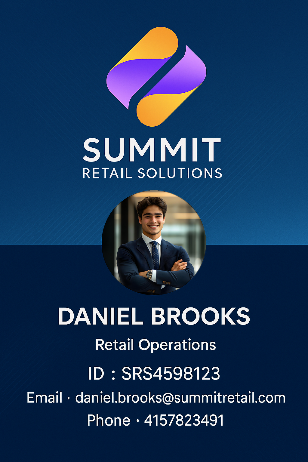 Full Bleed Portrait No Need Extra Space — Generieren an employee ID for Daniel Brooks at Summit Retail Solutions. He is a Store Operations Manager in the Retail Operations department. Mitarbeiterausweis is SRS4598123, email daniel.brooks@summitretail.com , contact 4157823491. Design a clean vertical ID card layout with a modern corporate style, subtle blue accents, and clear hierarchy.