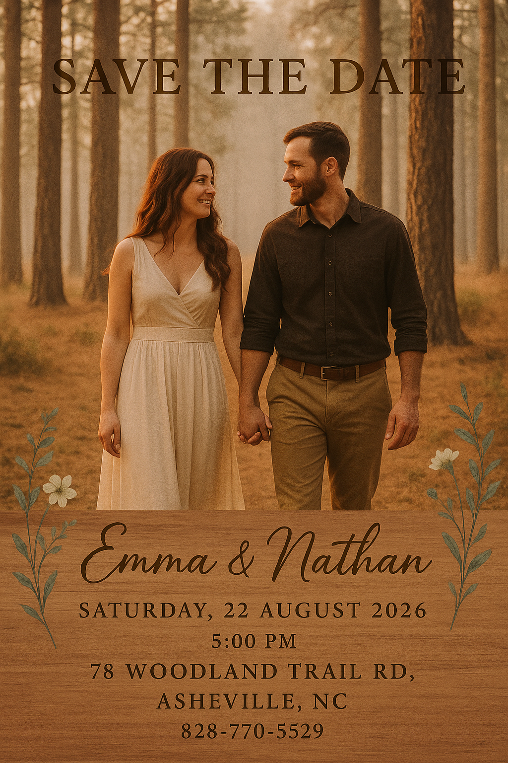 Full-bleed portrait rustic wedding save-the-date card – Emma & Nathan, forest walk at golden hour with wooden textures and wildflower illustrations.