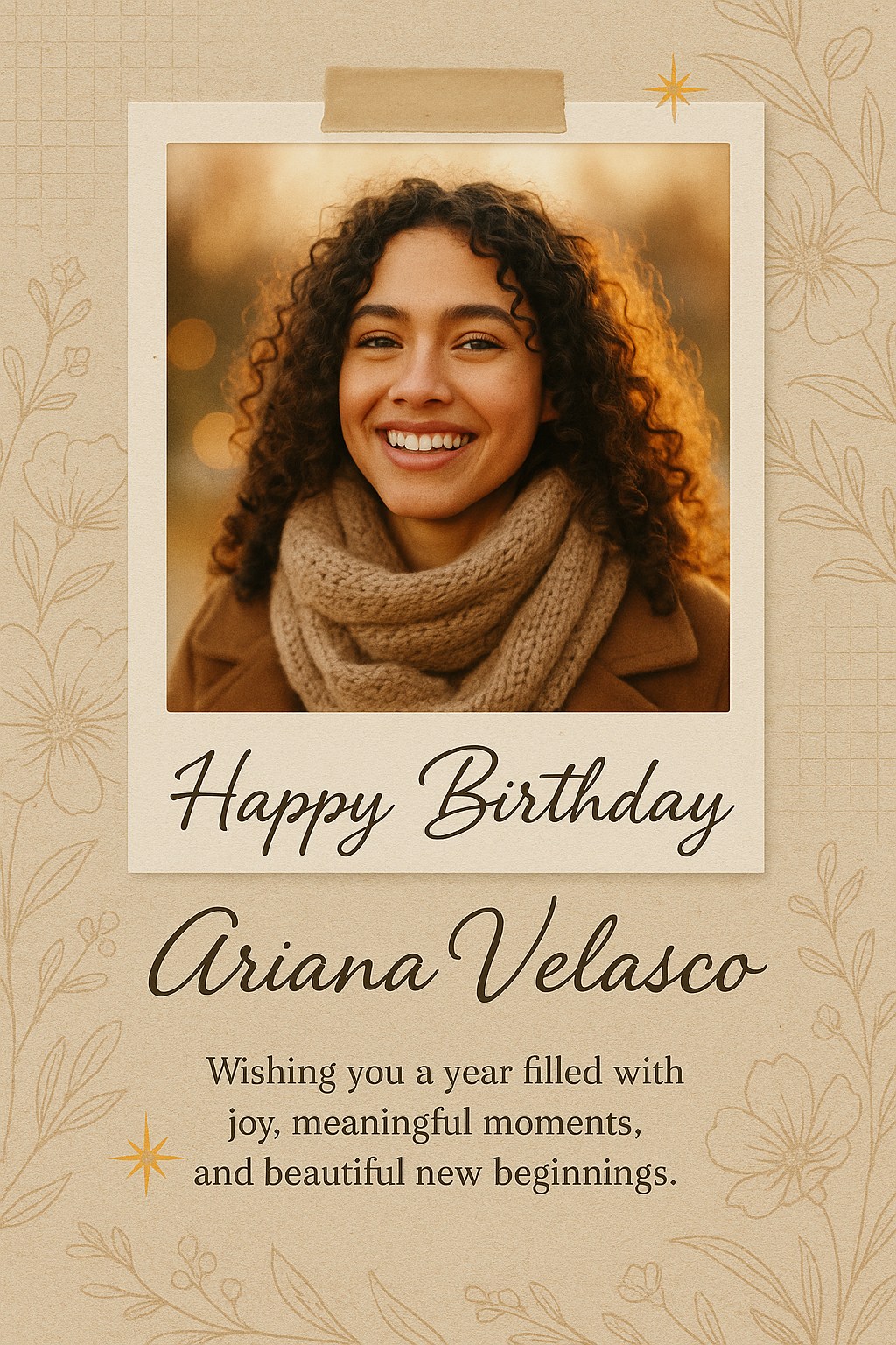 Full-bleed portrait birthday card — vintage beige paper, floral line art, Polaroid photo, warm timeless design.