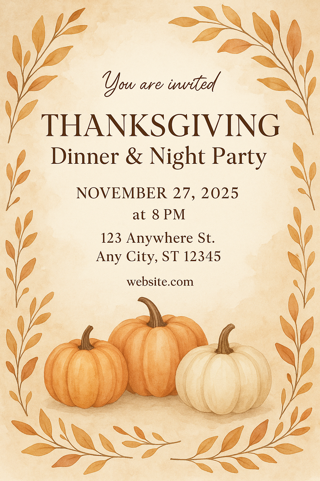 Thanksgiving Dinner & Night Party Invitación – beige watercolor background with pumpkins, autumn leaves, and elegant typography