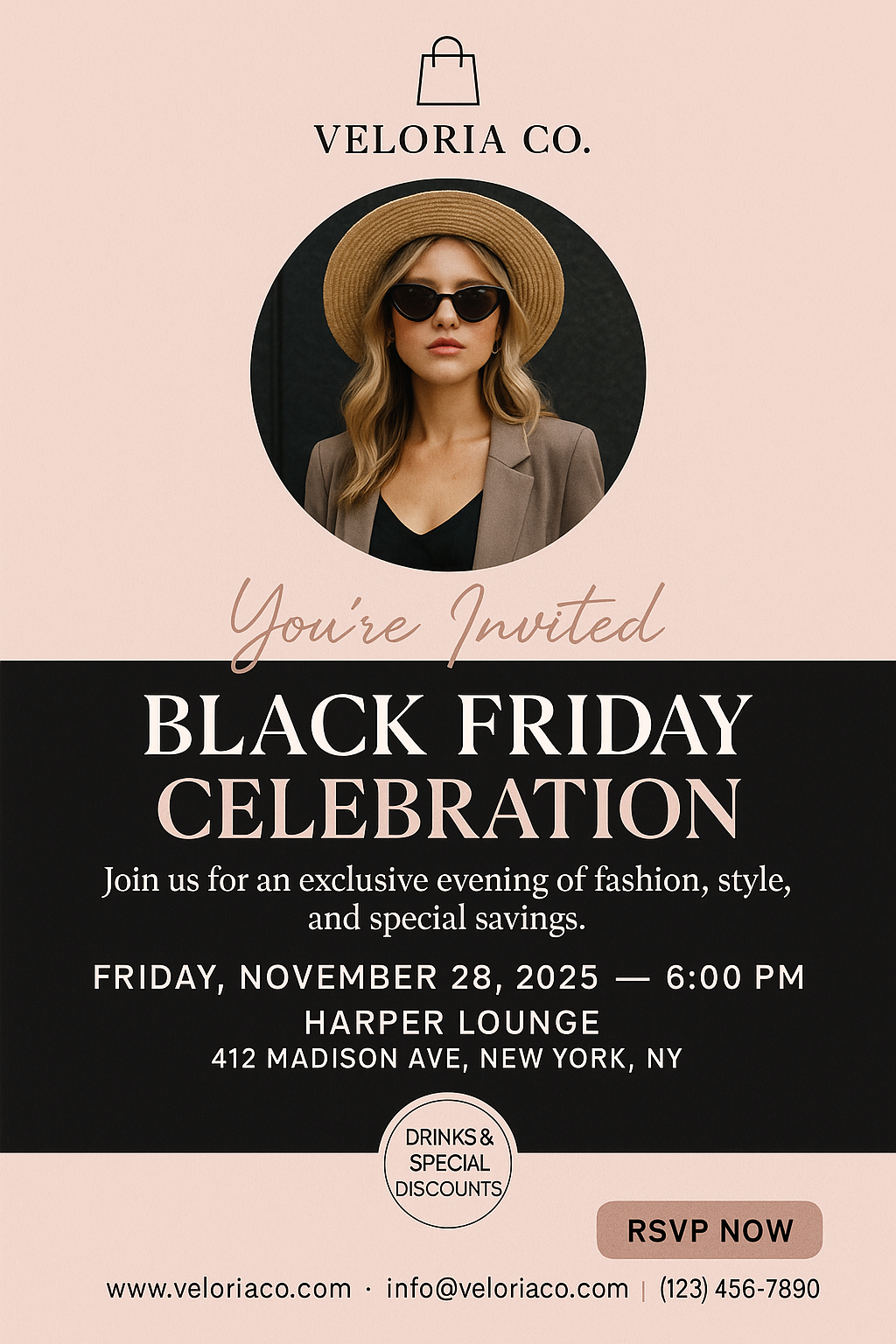 Chic Black Friday Invitación – blush pink fashion design with photo, Veloria Co. branding, RSVP button, and event details for Harper Lounge NYC