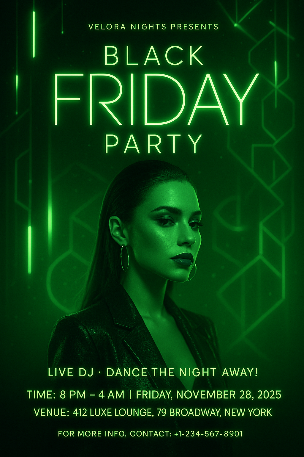 Futuristic Neon Black Friday Party Invitación – green and black club-style design with glowing typography and stylish woman at Luxe Lounge, NYC