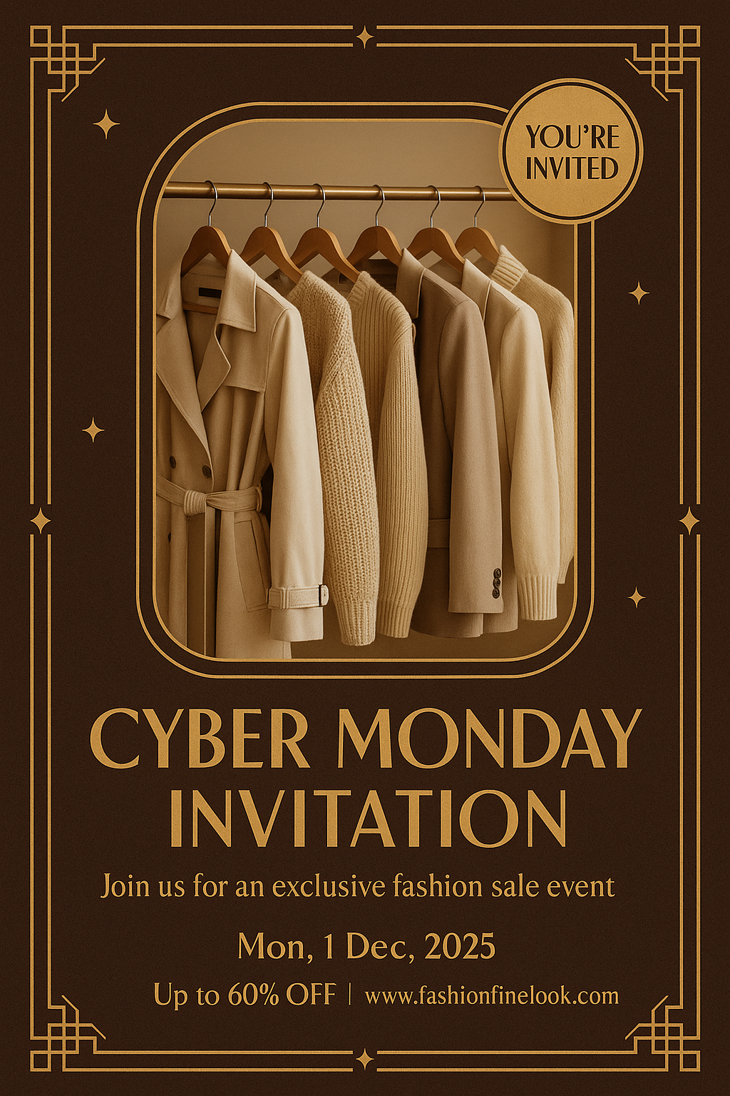 Art-Deco Cyber Monday Invitación – gold borders, brown luxury fashion theme, exclusive boutique event announcement