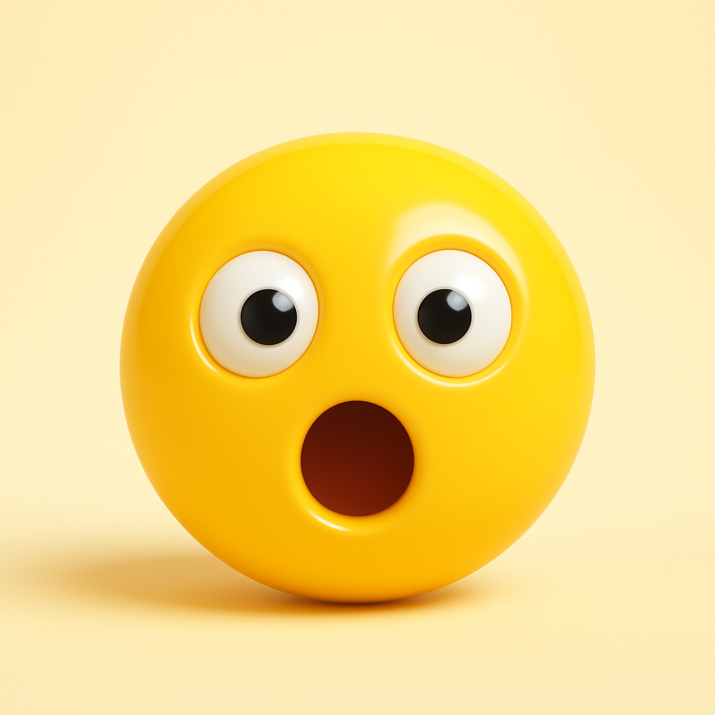 3D surprised emoticon — wide open mouth, yellow pastel background, glossy clean 1:1 render.