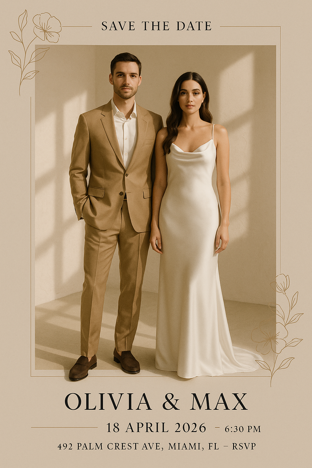 Full-bleed portrait wedding save-the-date card – Olivia & Max, modern beige minimalist design with geometric and floral details.