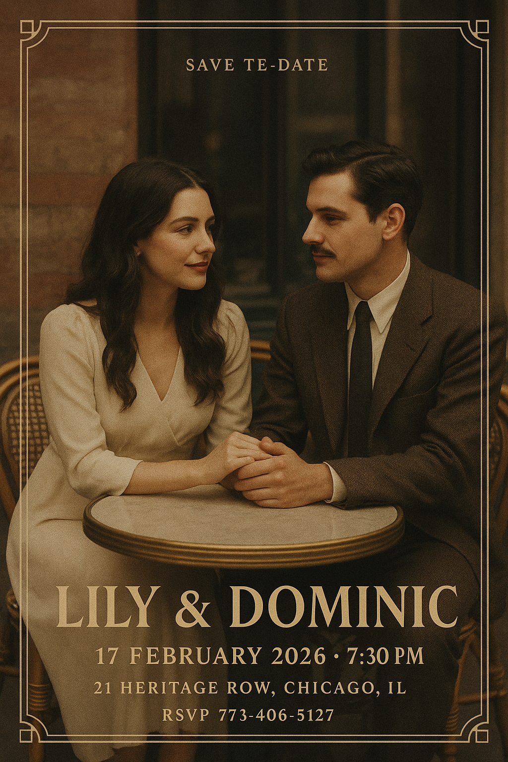 Full-bleed portrait retro wedding save-the-date card – Lily & Dominic, vintage café terrace with art-deco border and classic typography.