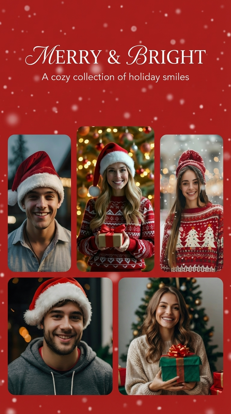 Christmas photo collage with festive red background, soft snowfall effect, elegant white holiday heading and subheading, cozy Christmas theme