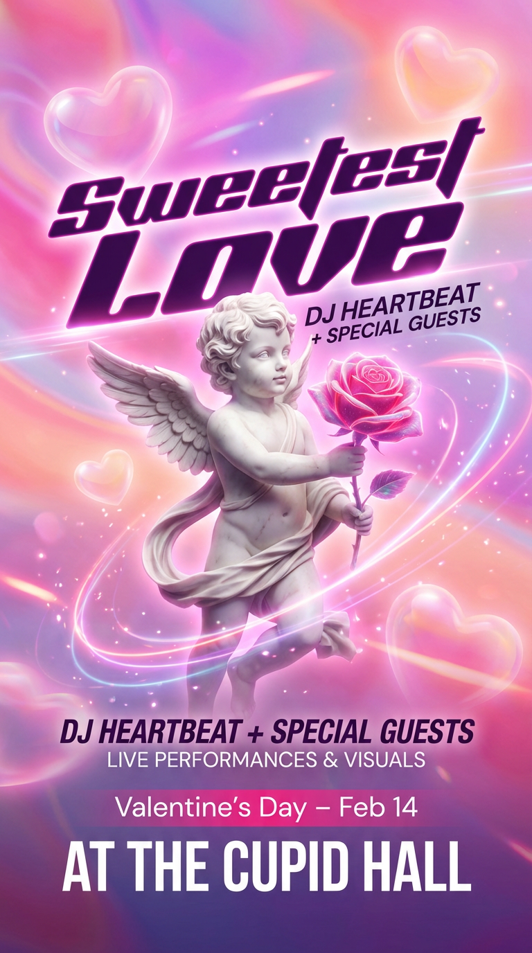 Valentine party flyer with cupid statue, pink hearts and club-style typography