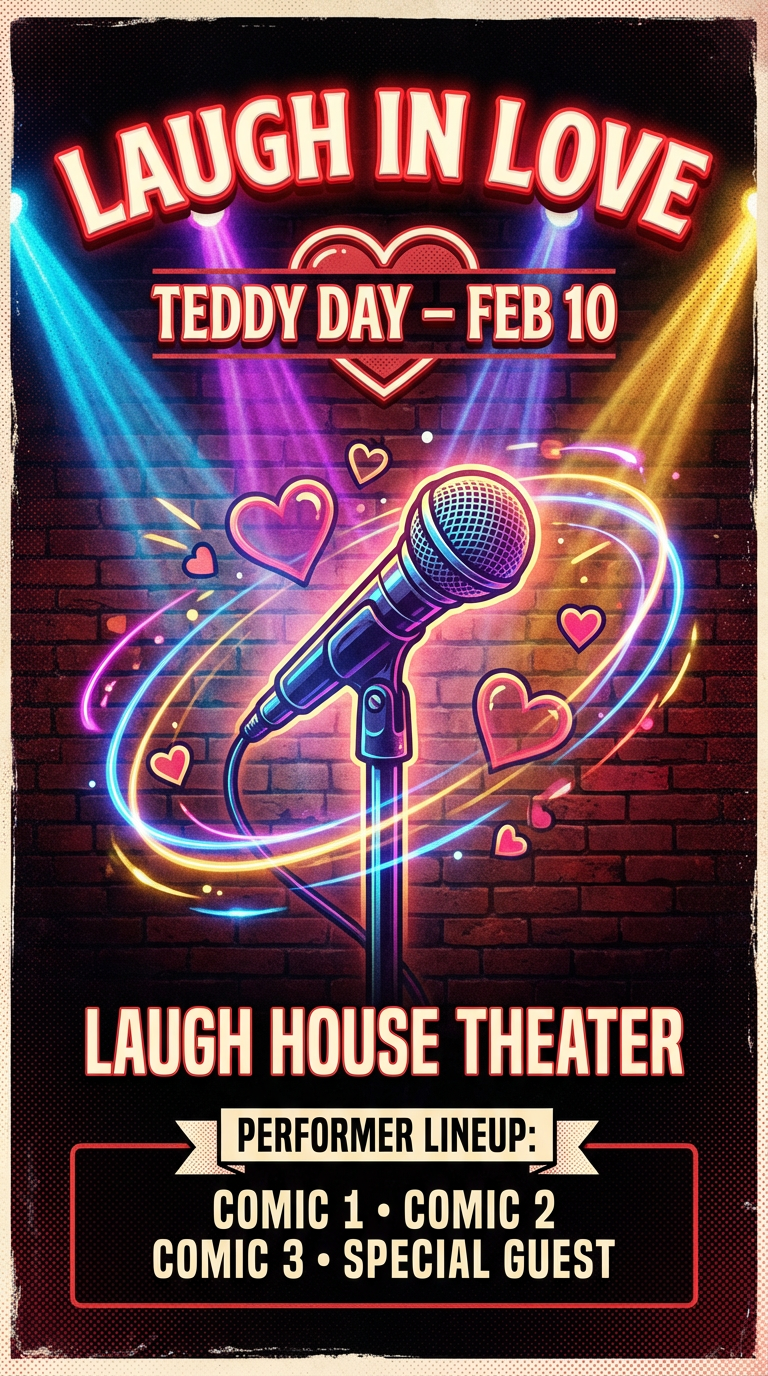 Valentine comedy show flyer with microphone, stage lights and playful design