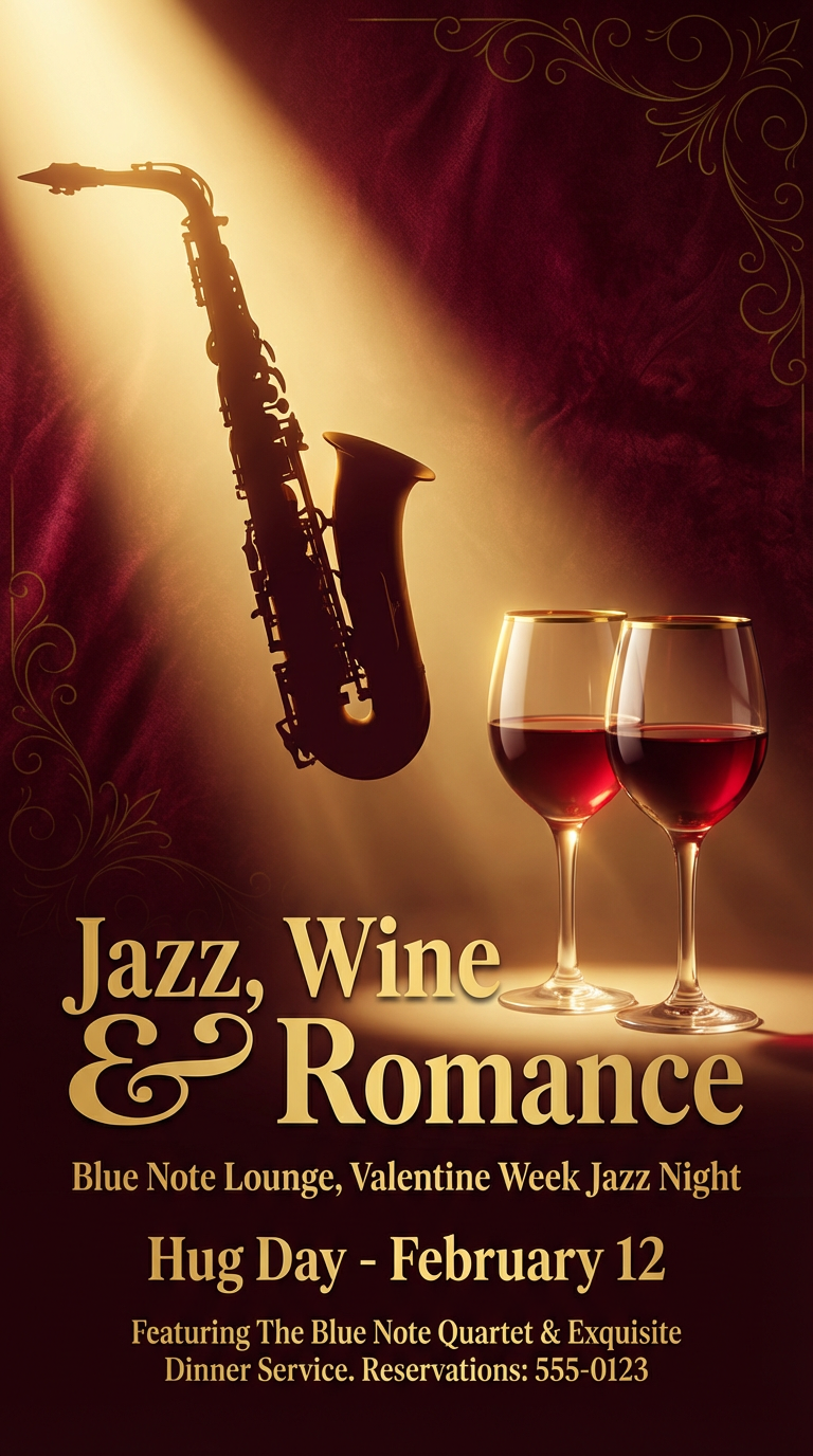 Valentine jazz night flyer with saxophone silhouette and burgundy gold tones