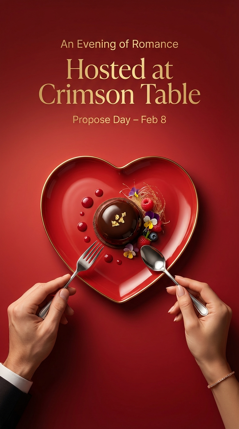 Valentine Week fine-dining flyer with heart-shaped plate and luxury editorial look