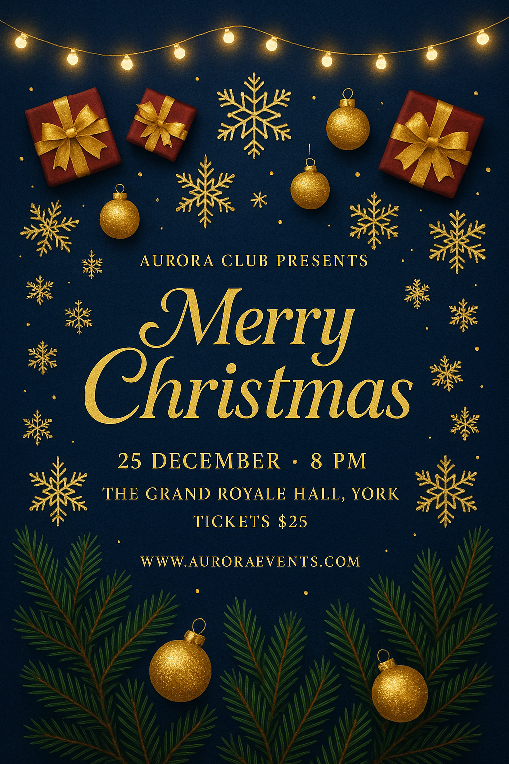 Elegant navy and gold Christmas party poster — glowing ornaments, pine branches, luxurious festive layout.