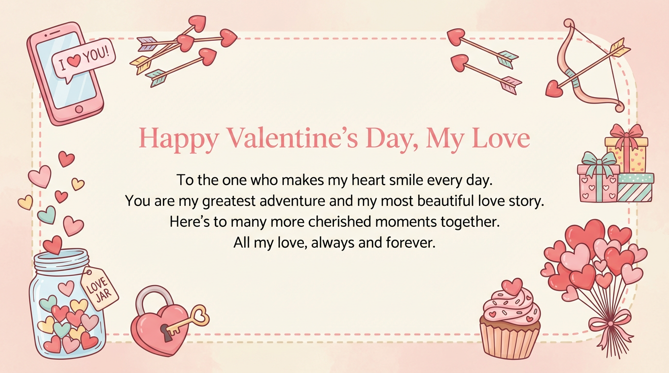 Valentine’s card with doodle border, pastel cream blush palette, cute illustrations and elegant typography