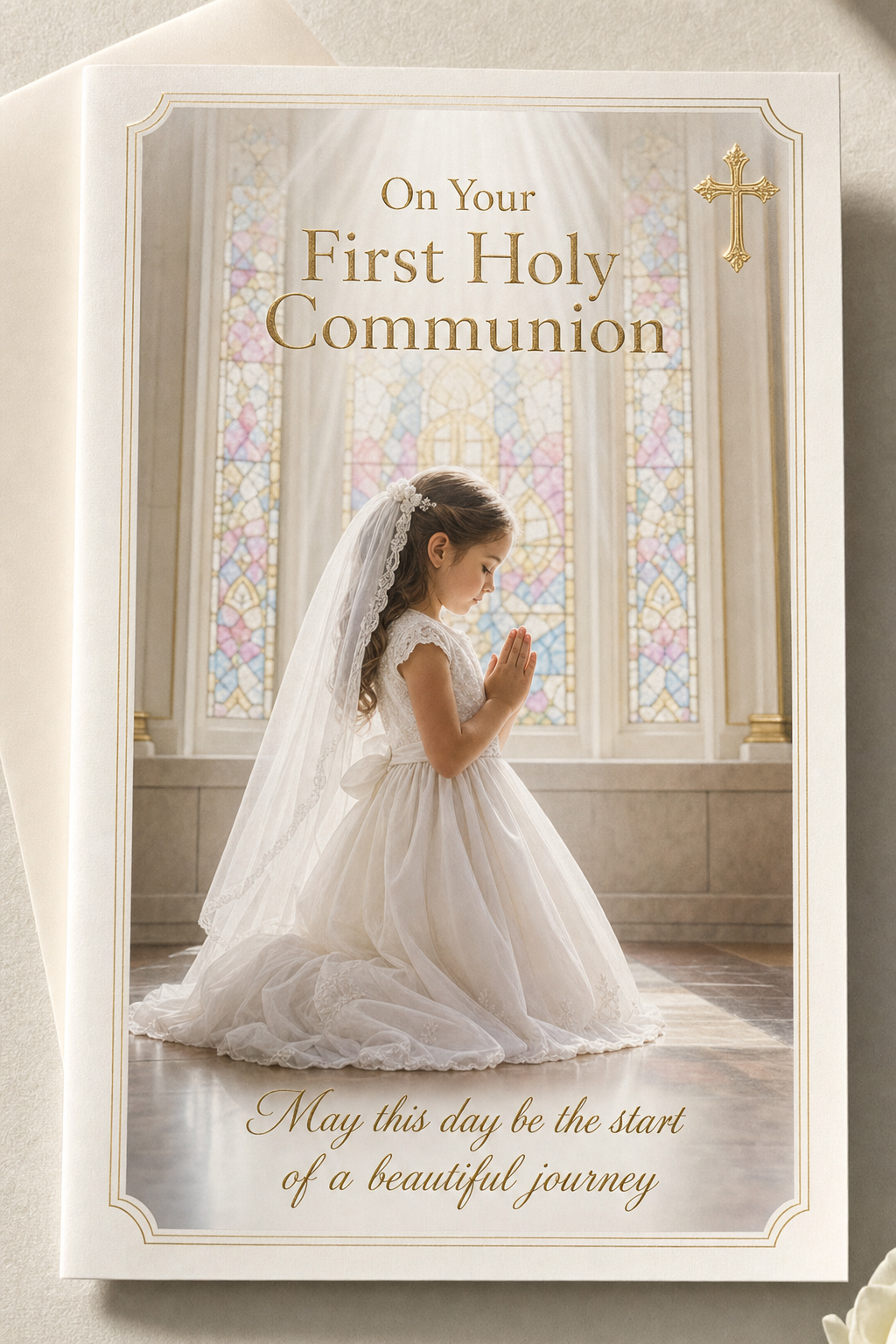 Primera comunión Carte — photo-realistic style card design, featuring soft pastels, baby motifs (booties, rosary beads, pacifiers), gentle clouds
