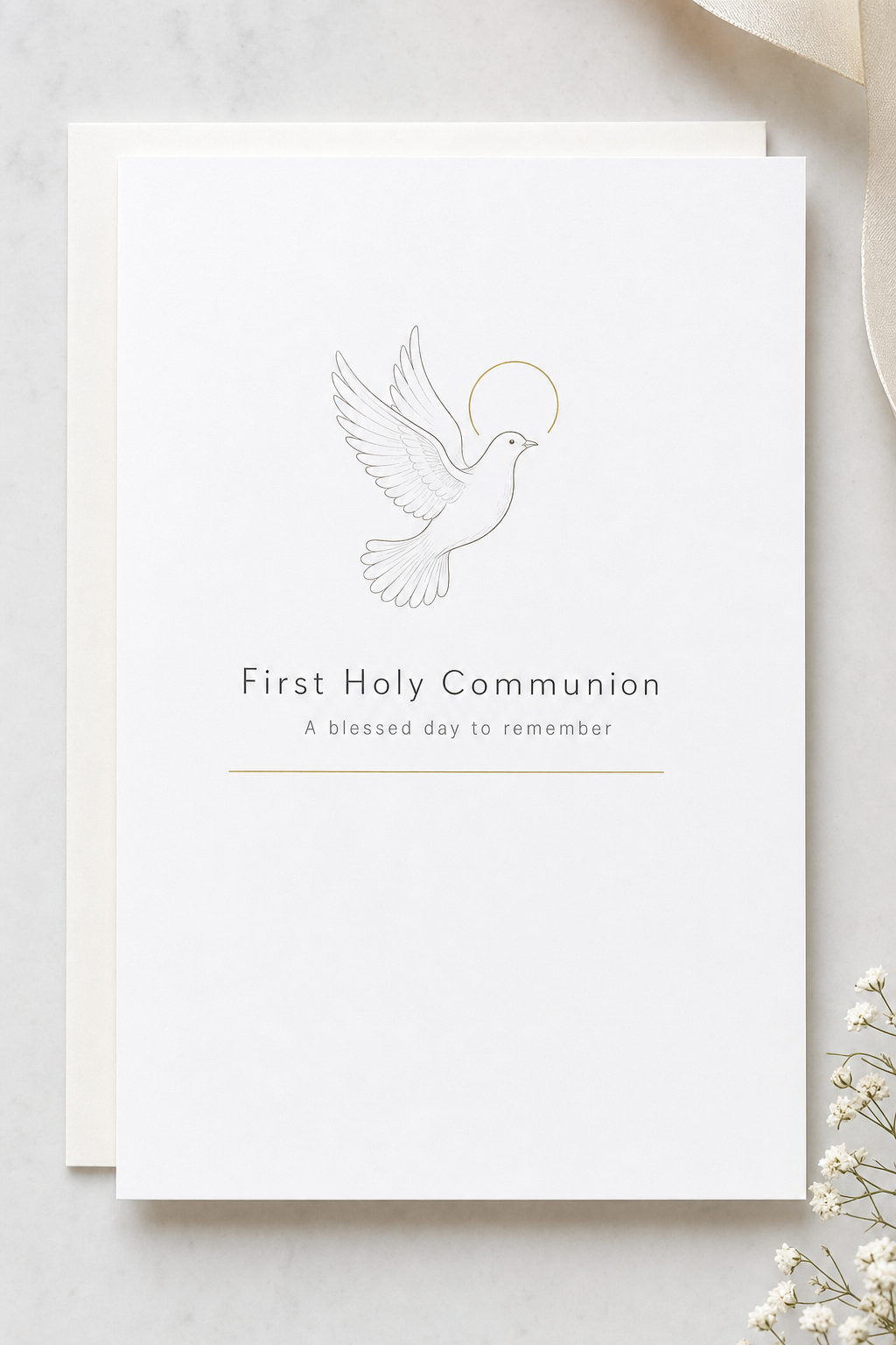 Primera comunión Carte — elegant style card design, featuring soft pastels, baby motifs (booties, rosary beads, pacifiers), gentle clouds
