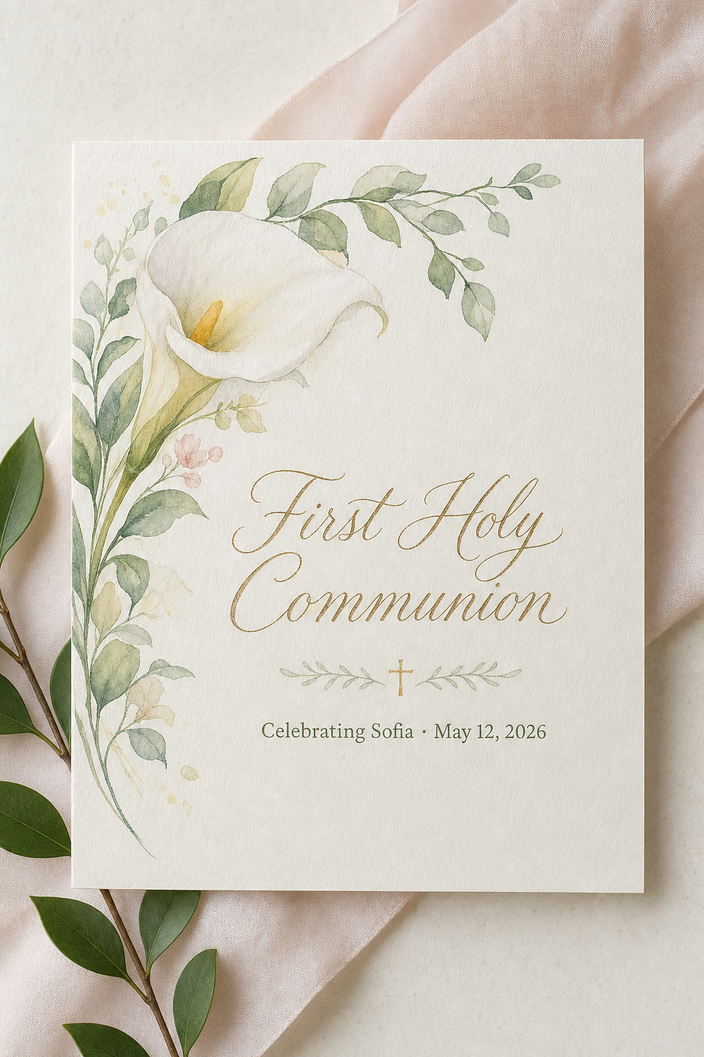 Primera comunión Carte — illustration style card design, featuring soft pastels, baby motifs (booties, rosary beads, pacifiers), gentle clouds