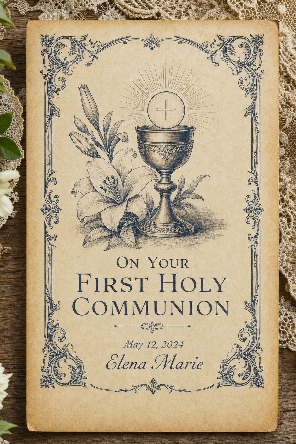 Primera comunión Carte — modern style card design, featuring soft pastels, baby motifs (booties, rosary beads, pacifiers), gentle clouds