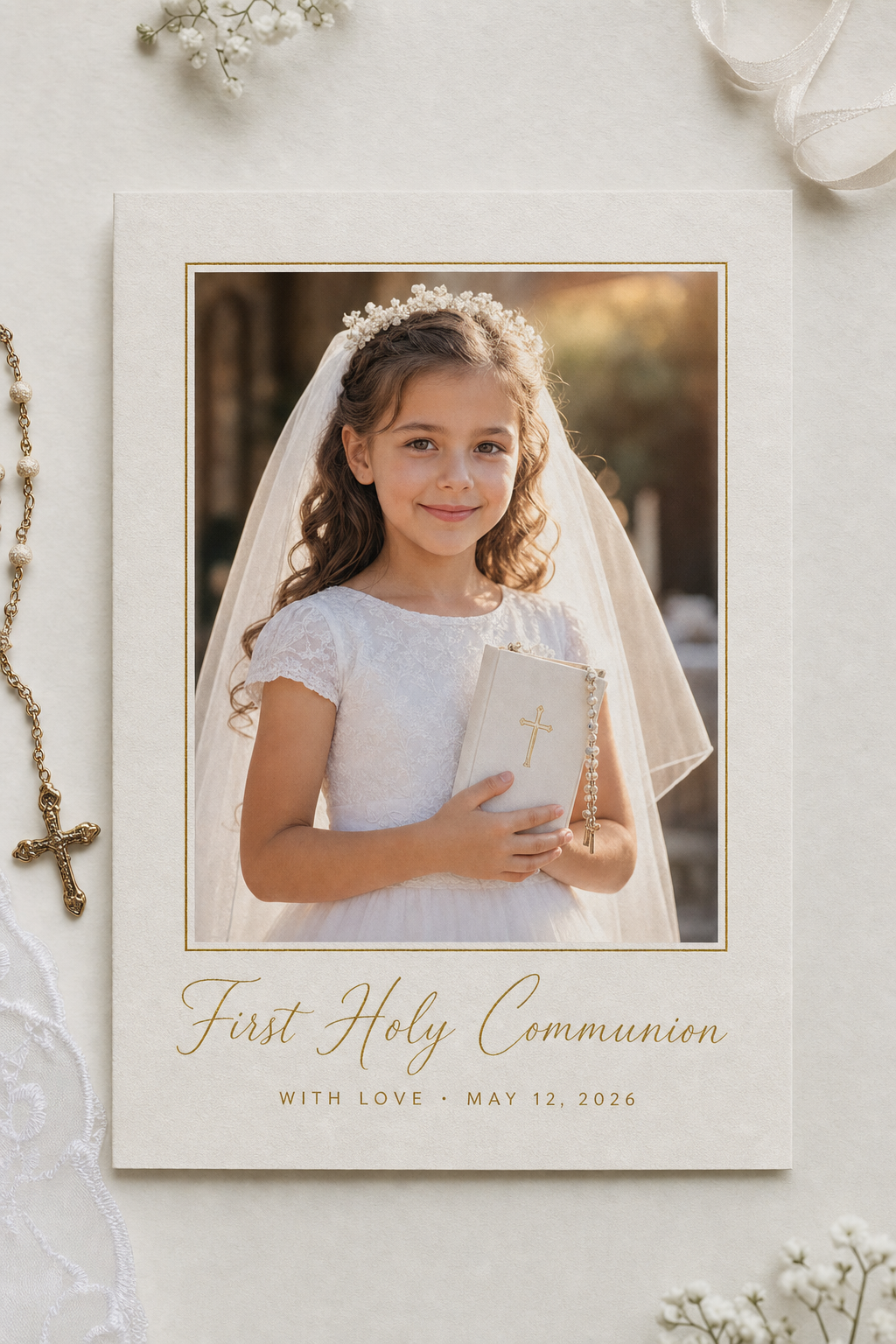 Primera comunión Carte — vibrant style card design, featuring soft pastels, baby motifs (booties, rosary beads, pacifiers), gentle clouds