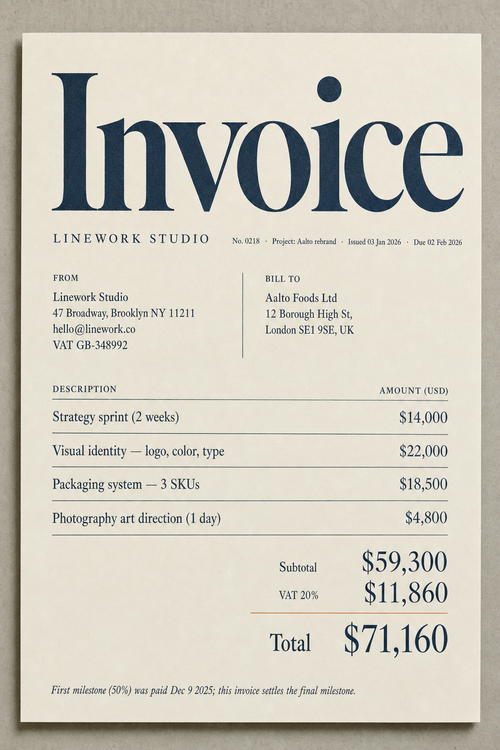 Creative agency invoice — typography-led, Linework Studio, $71,160 total