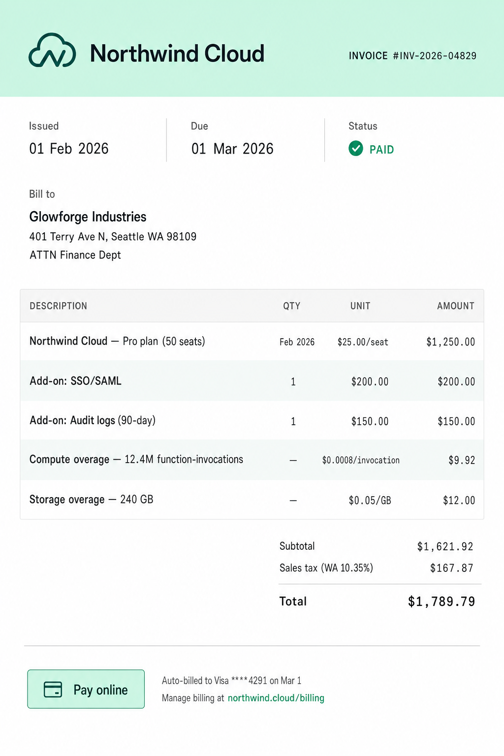 SaaS subscription invoice — Northwind Cloud, $1,789.79 total, PAID status