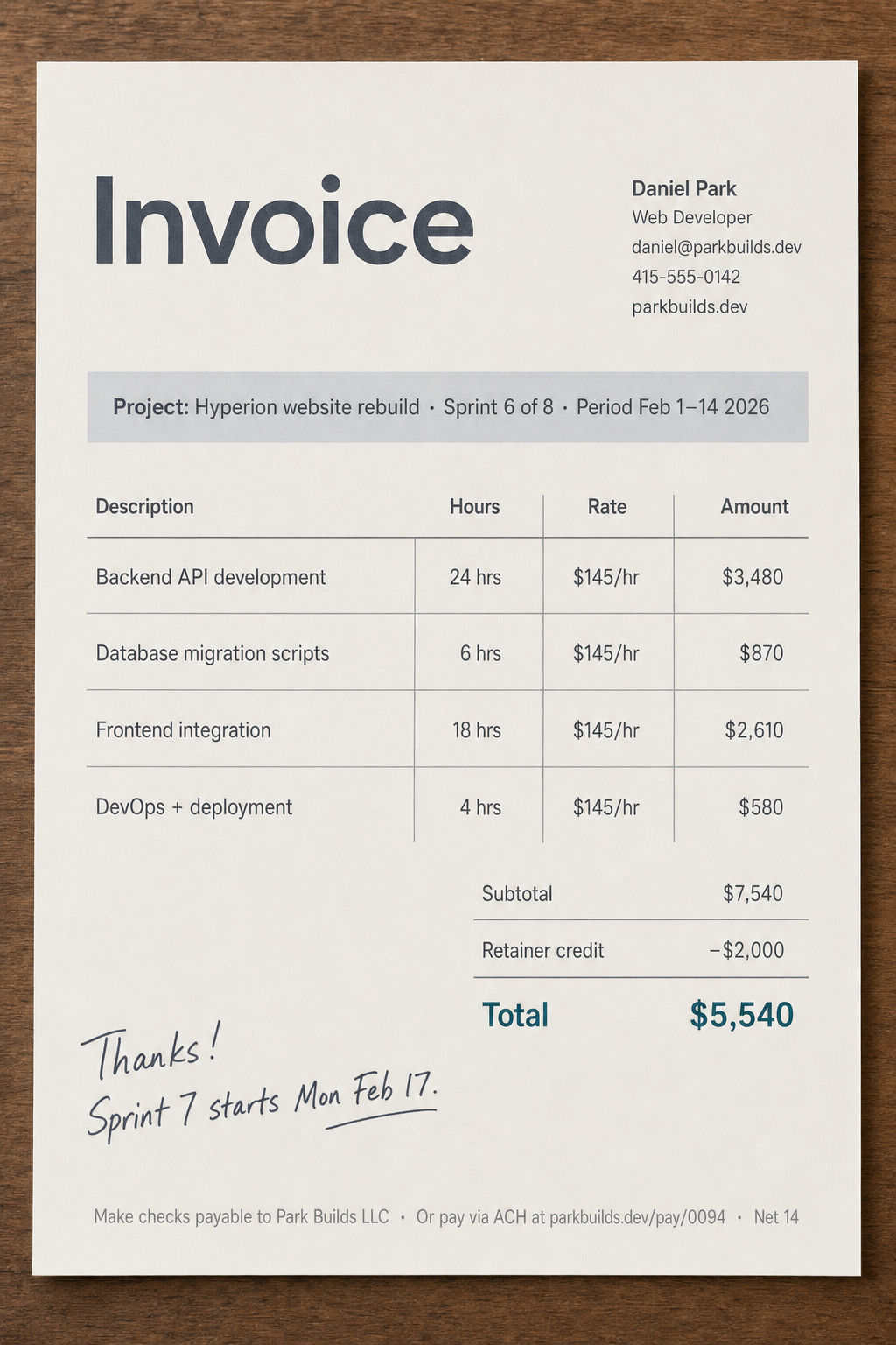 Freelance invoice — Daniel Park web developer, $5,540 total with retainer credit