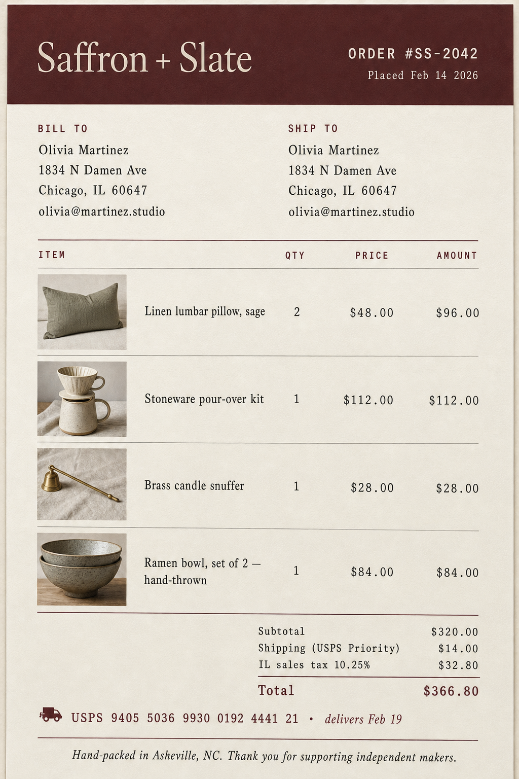 E-commerce order receipt — Saffron + Slate, $366.80 total with product thumbnails