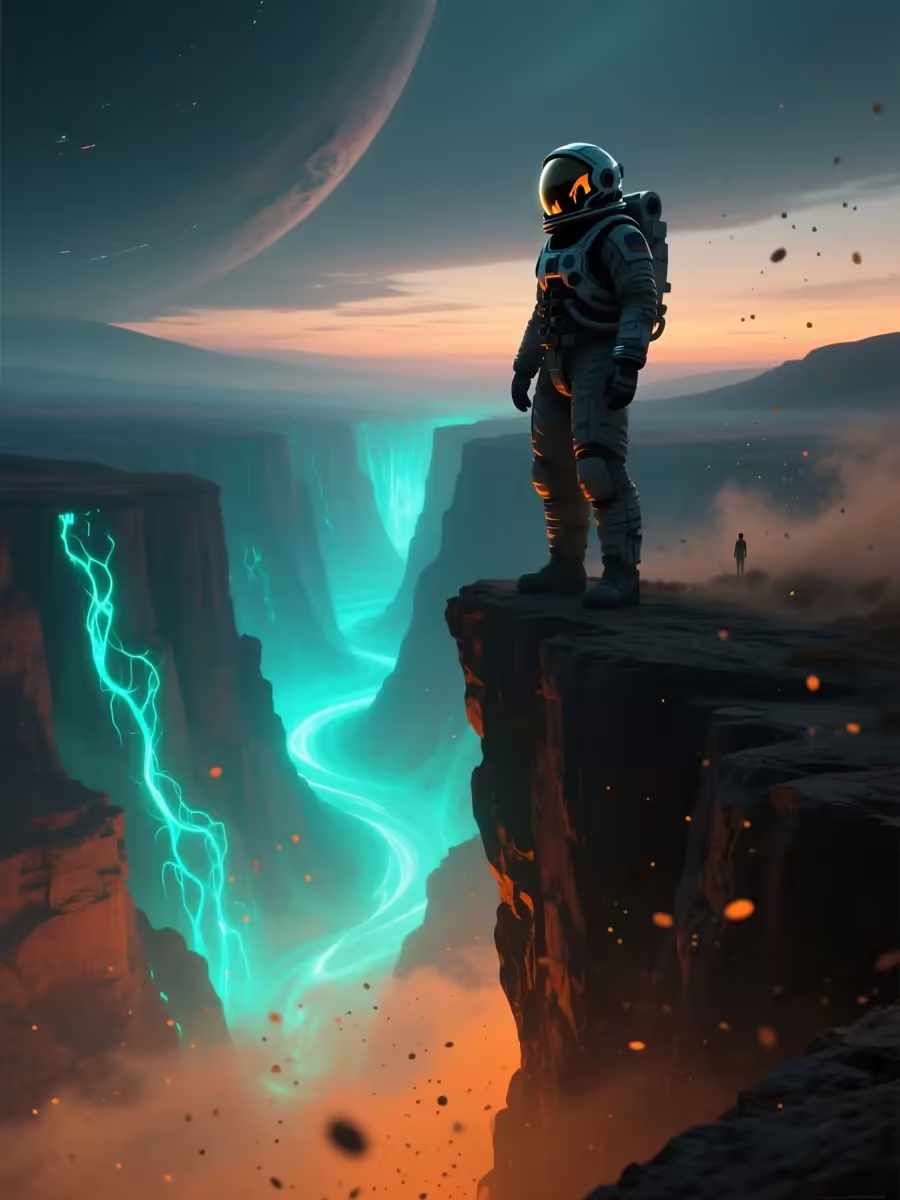 Astronaut on a cliff above a glowing canyon, concept art made on Pixazo