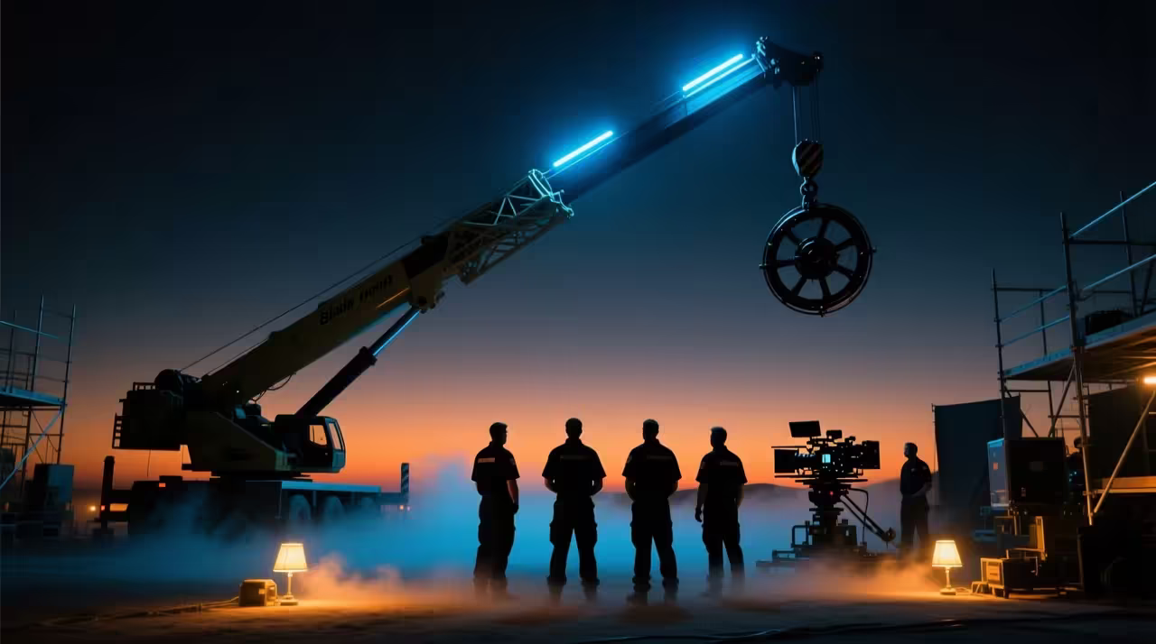 Film set at night with a camera crane and crew silhouettes