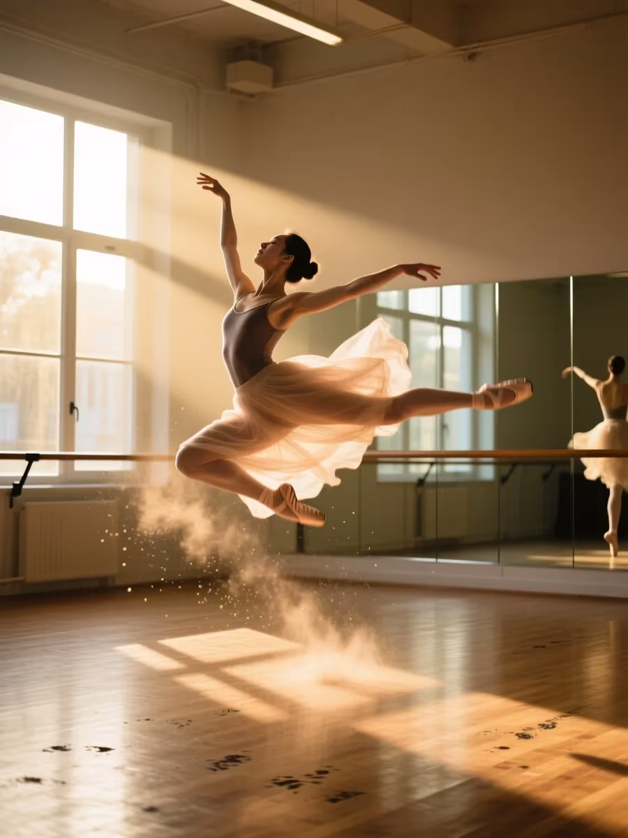 Dancer mid-leap in a sunlit studio, AI motion control