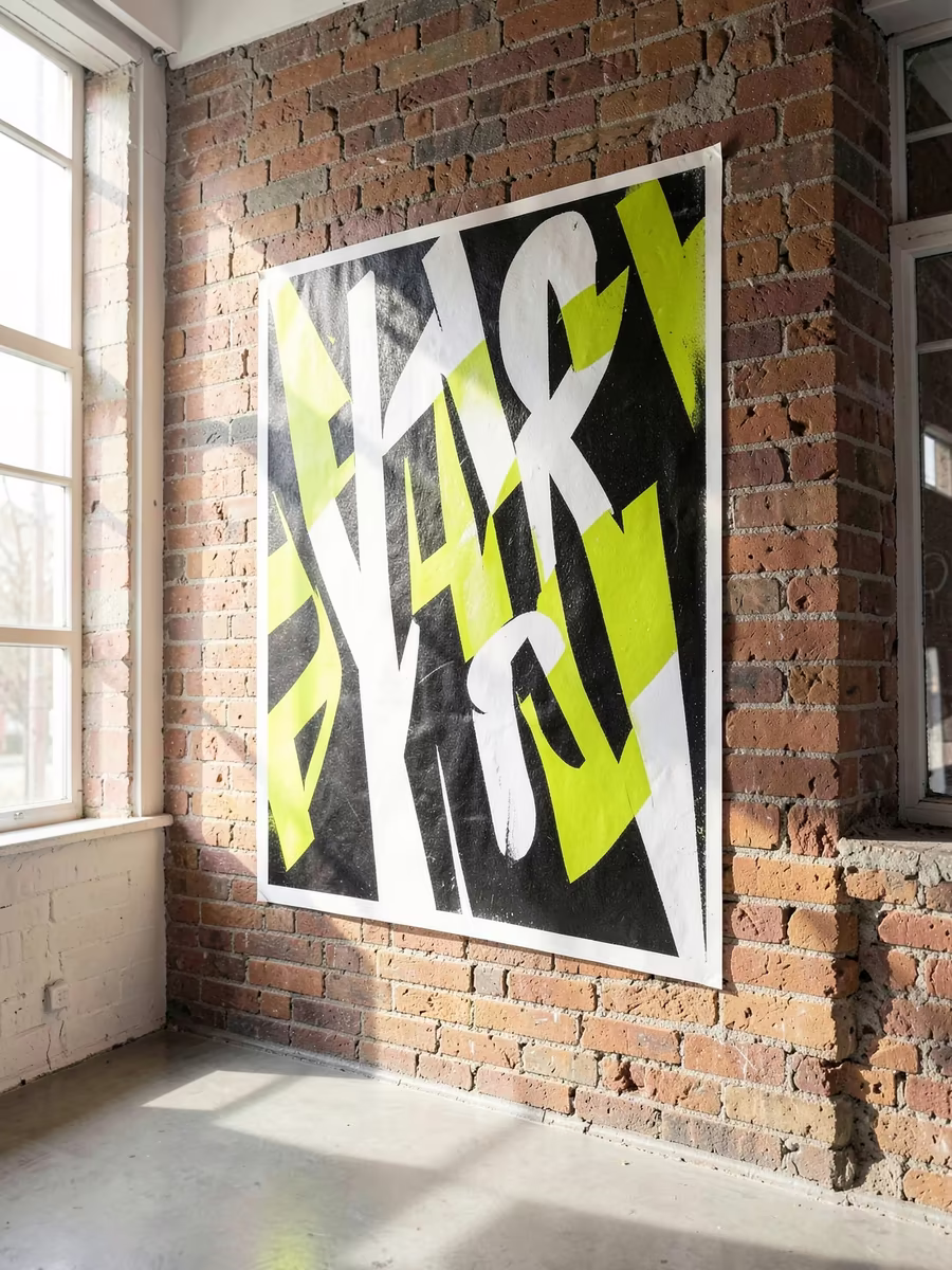 Bold lime and black typographic poster on a brick wall, AI poster maker