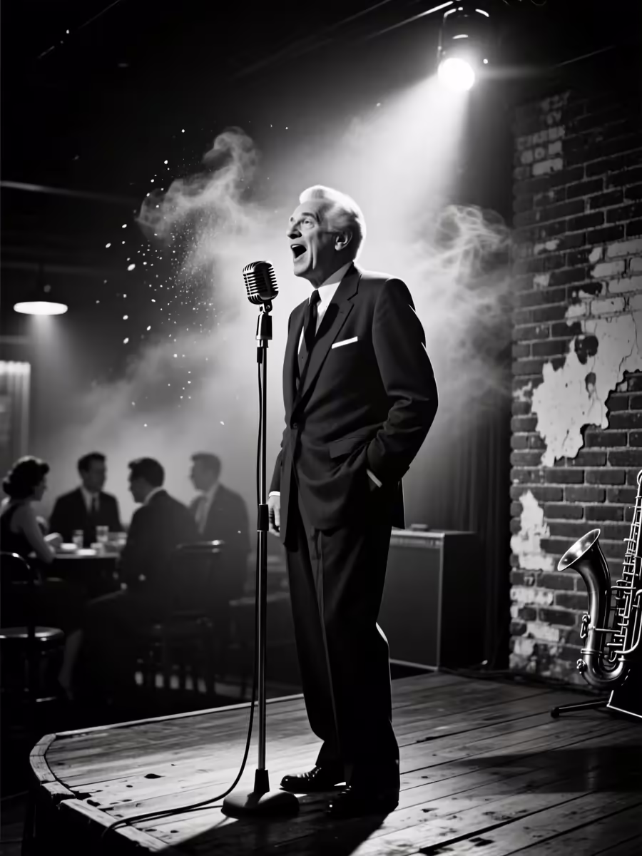 Singer at a vintage microphone in a jazz club, AI song generator