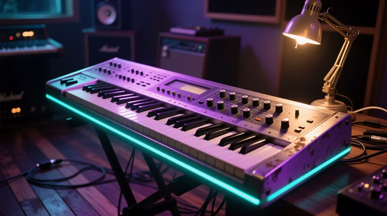 Synth keyboard in a studio, AI music generator