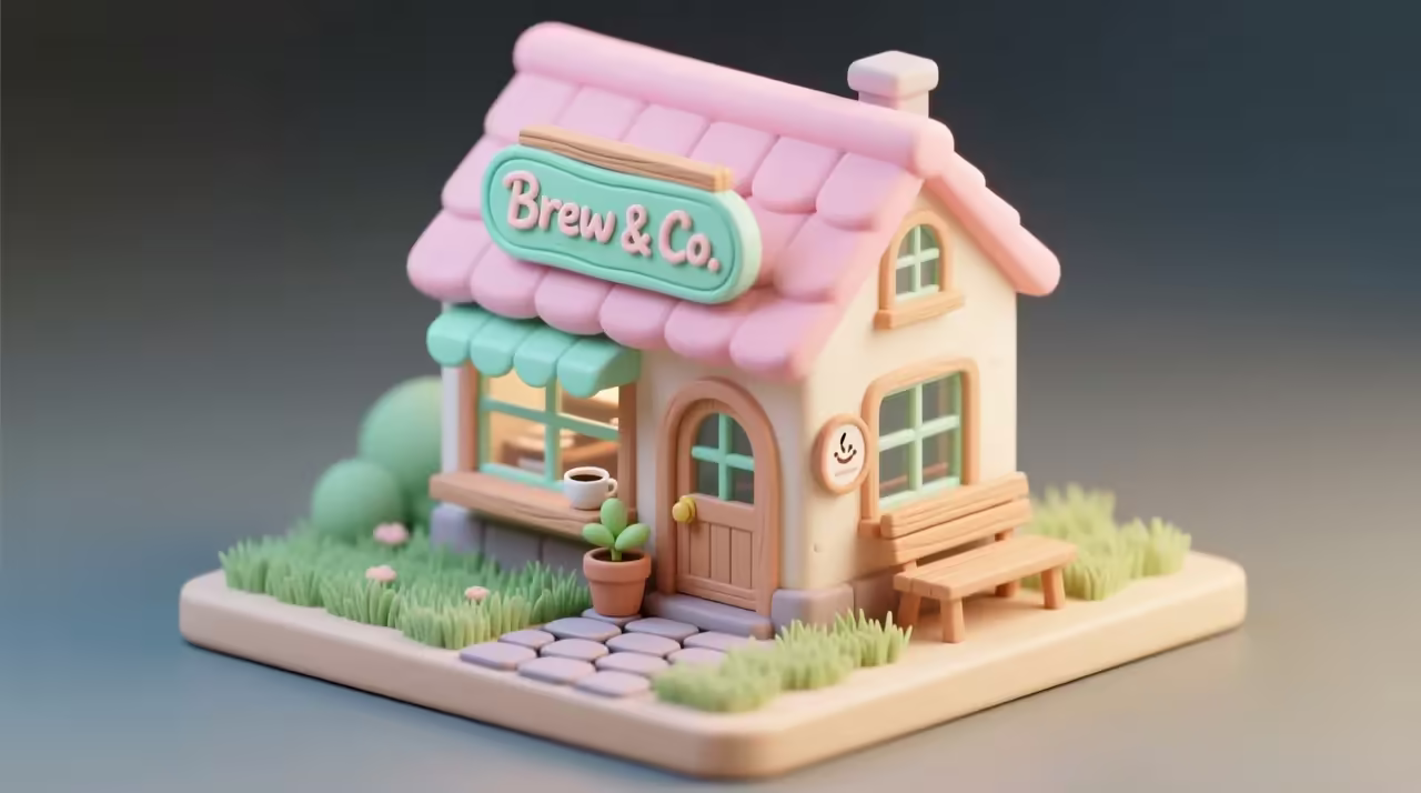 Isometric pastel 3D illustration of a tiny coffee shop