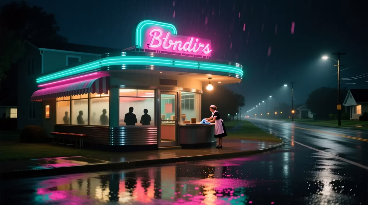 Retro diner with a glowing neon sign at night, edit text in image