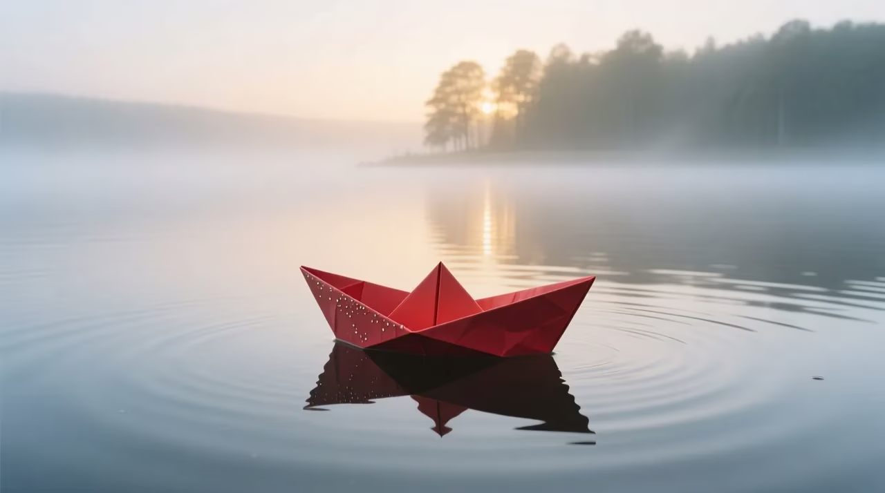 Red paper boat on a misty lake at dawn, AI image to video generator