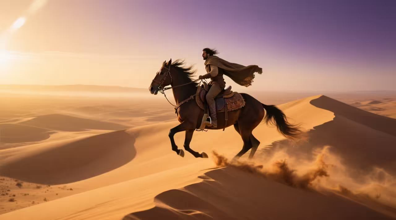 Rider on horseback crossing a desert dune at golden hour, cinematic AI video frame