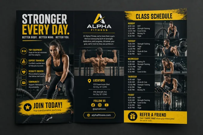 AI-generated Fitness tri-fold brochure sample made with the Pixazo brochure maker