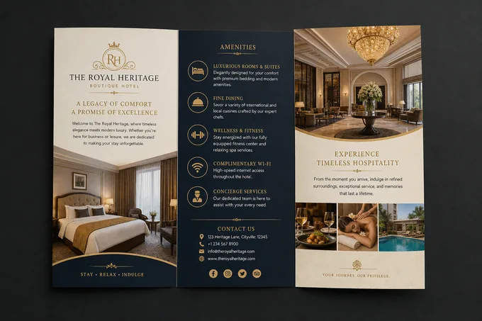 AI-generated Hotel tri-fold brochure sample made with the Pixazo brochure maker