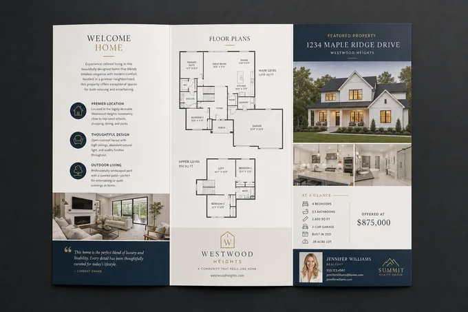 AI-generated Real Estate tri-fold brochure sample made with the Pixazo brochure maker