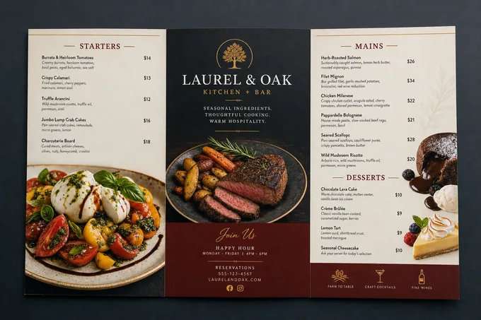 AI-generated Restaurant tri-fold brochure sample made with the Pixazo brochure maker