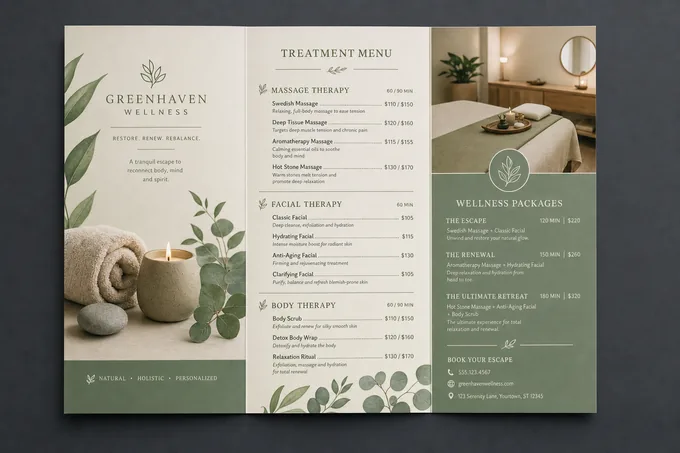 AI-generated Spa tri-fold brochure sample made with the Pixazo brochure maker